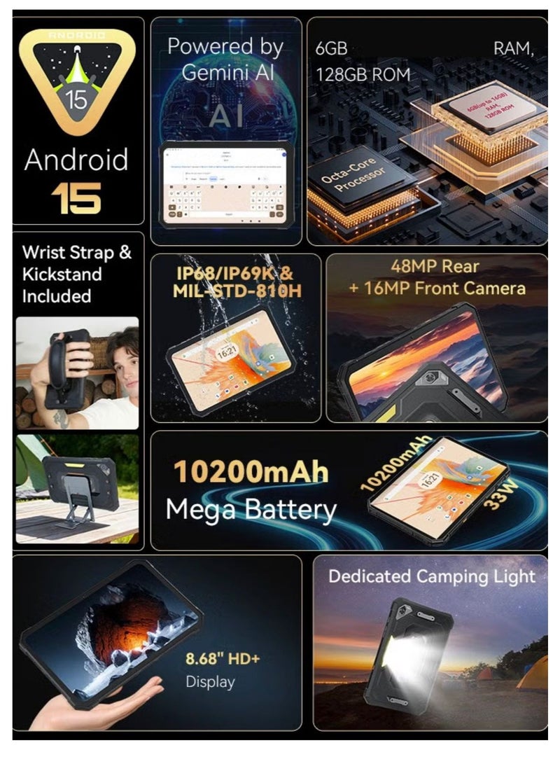 Cubot Tab Kingkong Mini Rugged Tablet 8.68 inch HD+ Android 15 Tablet 6GB RAM +128GB ROM IP68/IP69K Waterproof Tablet With 48MP+16MP Camera Dual SIM 4G Tablet -Black - Image 5